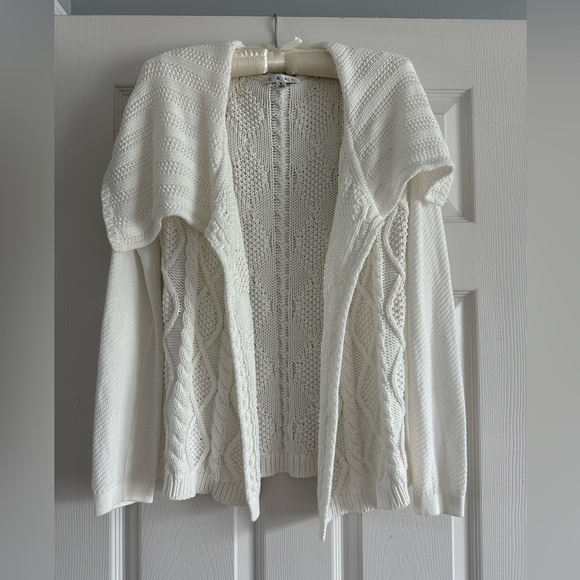 CAbi Cable Knit White Open Front Shawl Collar Cardigan, Small - Picture 2 of 8